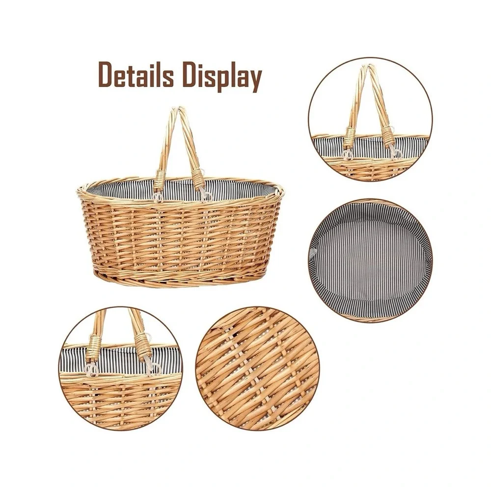 Wicker Picnic Basket with Double Folding Handles Natural Large Willow 16x14x7